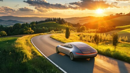Solar-Powered Car Driving Through Scenic Countryside at Sunset with Rolling Hills and Golden Light