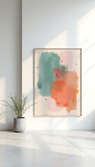 "Abstract Frame Mockup in a Minimalist Studio" &ndash; A mockup showcasing an abstract-style frame in a minimalist studio, with clean white walls and a single accent plant for focus.
