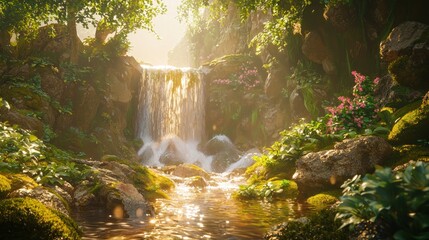 Sunlit waterfall cascading down mossy rocks in lush green forest. (1)