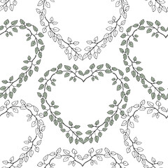 Floral heart frame with leaves seamless pattern for wrapping paper, textile design, scrapbook, wedding or Valentines day template