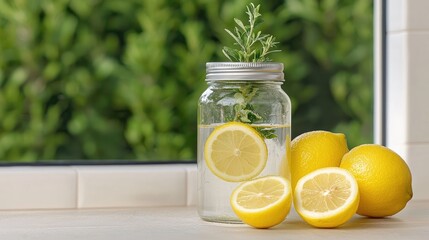 Refreshing lemon water with rosemary, kitchen window background; healthy lifestyle