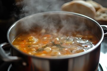 Steaming Pot of Homemade Vegetable Soup with Fresh Bread