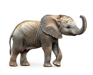 Fototapeta premium Baby elephant playfully lifting its trunk on a white background showcasing its charm