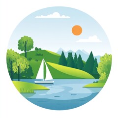 Serene Lakeside Sailboat Scene With Green Hills and Mountains