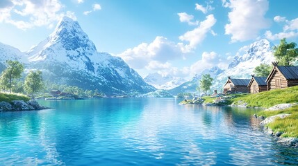 idyllic mountain lake cabins, norway - nature & landscape photography