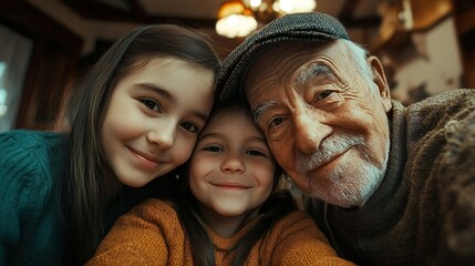 Selfie, happy and portrait of child with grandparents in home for memory, bonding or family time. Smile, love and face of girl kid with grandmother and grandfather for photography picture in house