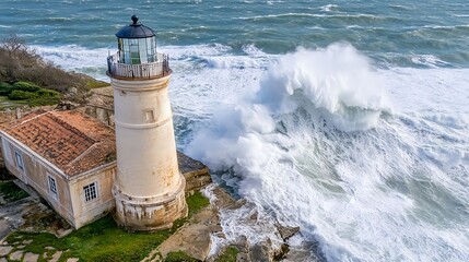 lighthouse waves crashing ocean storm - aerial photography