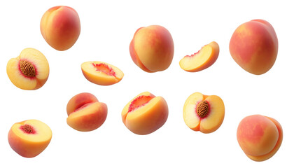  peach mockup with whole, halved, and sliced peaches, multiple angles, transparent background for graphic design