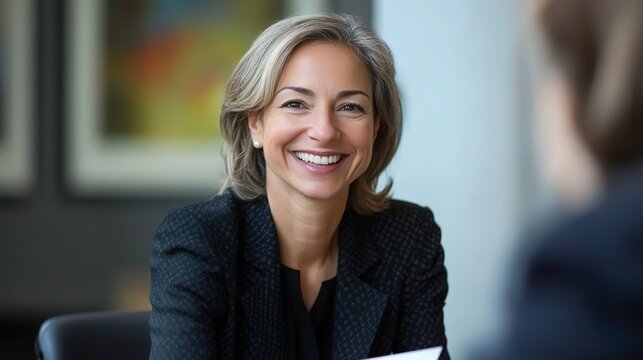 Smiling mature business woman hr holding cv document at job interview. Happy mid aged professional banking manager or lawyer consulting client sitting at workplace in corporate office meeting.