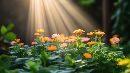 Fototapeta premium Sunlit Garden Flowers Blooming Beautifully