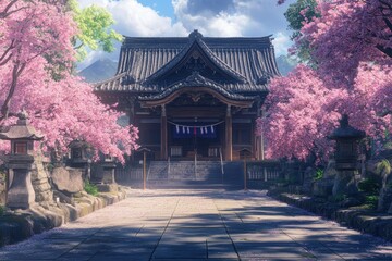 Fototapeta premium Traditional Japanese Temple with Cherry Blossoms and Mountain Backdrop