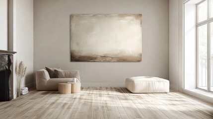 Minimalist interior design with a neutral color palette and a large abstract painting