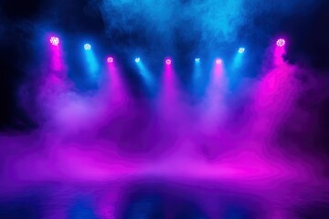 Dark scene colorful lights concert stage blue and purple background, fog in darkness, smoke mist, neon spotlights, night view, Abstract Halloween backdrop, stage shows, street floor studio room. 