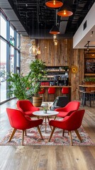 Modern cafe interior with red chairs, wooden bar, and plants.