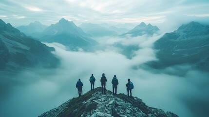Hikers on mountain peak overlooking misty valley.