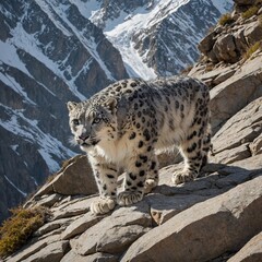 Fototapeta premium A snow leopard climbing a steep, rocky cliff in the Himalayas.