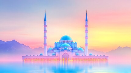 Naklejka premium serene mosque sunset: peaceful islamic art - pastel colors