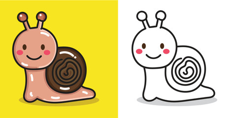 A cute snail doll cartoon illustration for a sticker, design element, or coloring book element
