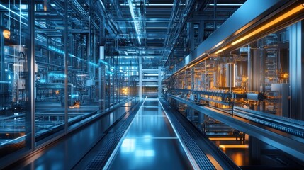 Obraz premium Futuristic Industrial Corridor with Blue and Orange Lighting