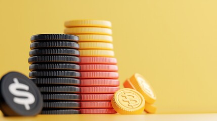 Stacks of colorful coins symbolizing investment and financial growth on a yellow background.
