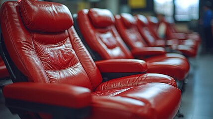 Close-up view of blood donation process showcasing comfortable red chairs at a donation center during a busy afternoon