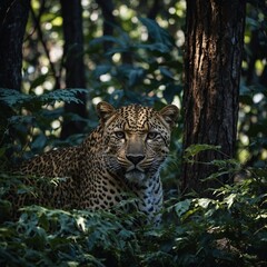 Fototapeta premium A leopard camouflaged among the shadows of a dense forest.