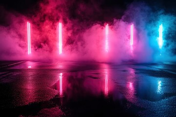 Empty background scene. Dark street reflection on wet asphalt. Rays of neon colorful light in the dark, neon figures, smoke. Background of empty stage show. Abstract dark and neon light background.
