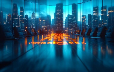 Fototapeta na wymiar Night city view from modern boardroom.