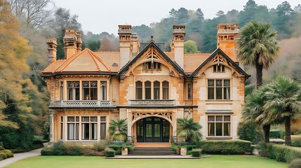 Naklejka premium Elegant Stone Mansion Amidst Lush Greenery