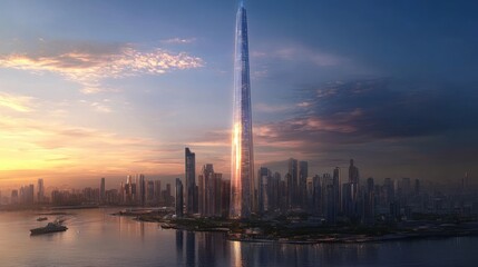 Naklejka premium Sunset over the Cityscape with a Majestic Skyscraper