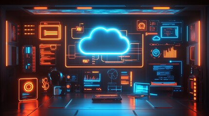 Obraz premium Digital Network Hub: IoT and Cloud Computing Linking Laptops, Phones, and Smart Devices