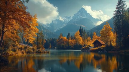 Obraz premium Autumnal Serenity: Mountain Lake Retreat