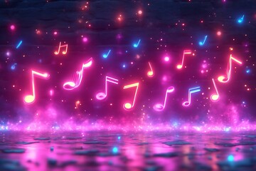 Glowing neon music notes floating over a dark surface.
