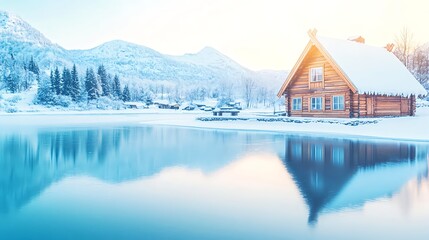 Fototapeta premium winter cabin lake, snowy mountains reflection - winter wonderland s.