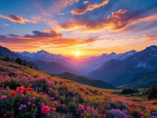Panoramic View of Mountain Range at Sunrise with Rhododendrons