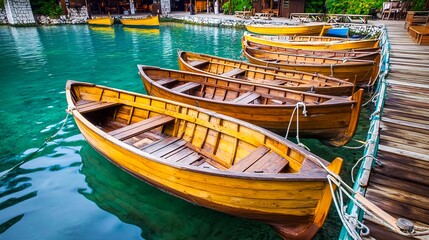 Obraz premium wooden boats on turquoise lake, slovenia - travel photography