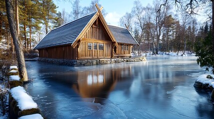 Fototapeta premium wooden cabin on frozen lake, winter scenery - winter landscapes