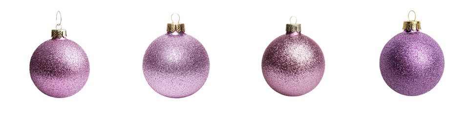 Sparkling purple Christmas ornaments hanging against a plain white background  Elegant festive holiday with a shiny glittery finish