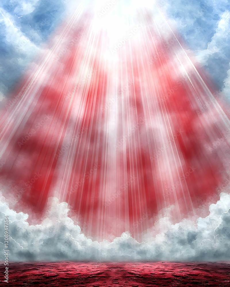 Wall mural radiant beams of light shine through clouds, creating a dramatic red and white sky, evoking a sense 