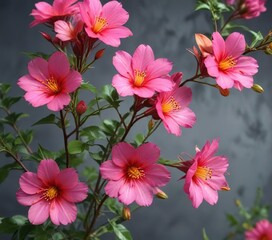 Obraz premium Vibrant pink flowers with prominent orange centers and delicate petals blooming on a thorny vine , garden flowers, hibiscus alternatives