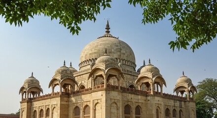 Obraz premium A magnificent stone mausoleum with intricate domes and arches, framed by lush green leaves and set against a clear blue sky.