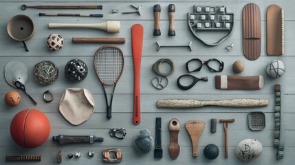 A Collection of Vintage Sporting Goods on a Light Gray Wood Surface