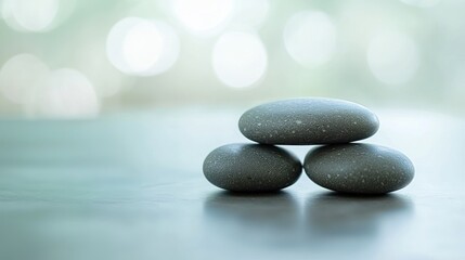 Three gray stones stacked on a surface with a blurred background.