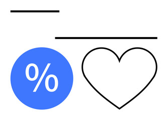 Percentage symbol inside blue circle next to large heart outline with two horizontal lines above and below. Ideal for business metrics, love, financial data, analysis, relationships, contrast