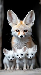 A mother fox and her three young fox cubs are standing in front of a door