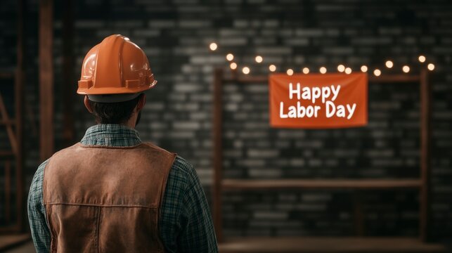 Construction Worker Celebrating Labor Day with Festive Banner in Workshop