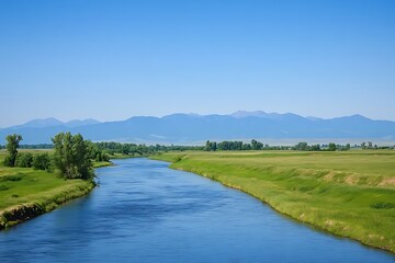 Fototapeta premium Serene River Landscape with Majestic Mountains