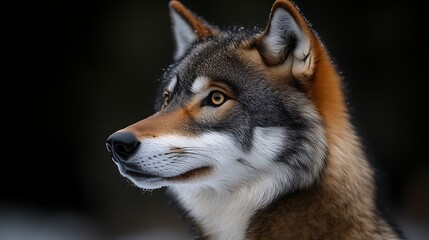 Fototapeta premium Majestic wolf portrait against dark background.