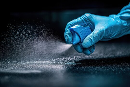 Cleaning Surface with Antibacterial Spray and Gloves for COVID-19 Sanitation in Home and Office