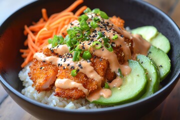 Crispy Salmon Poke Bowl with Sesame Seeds and Spicy Mayo